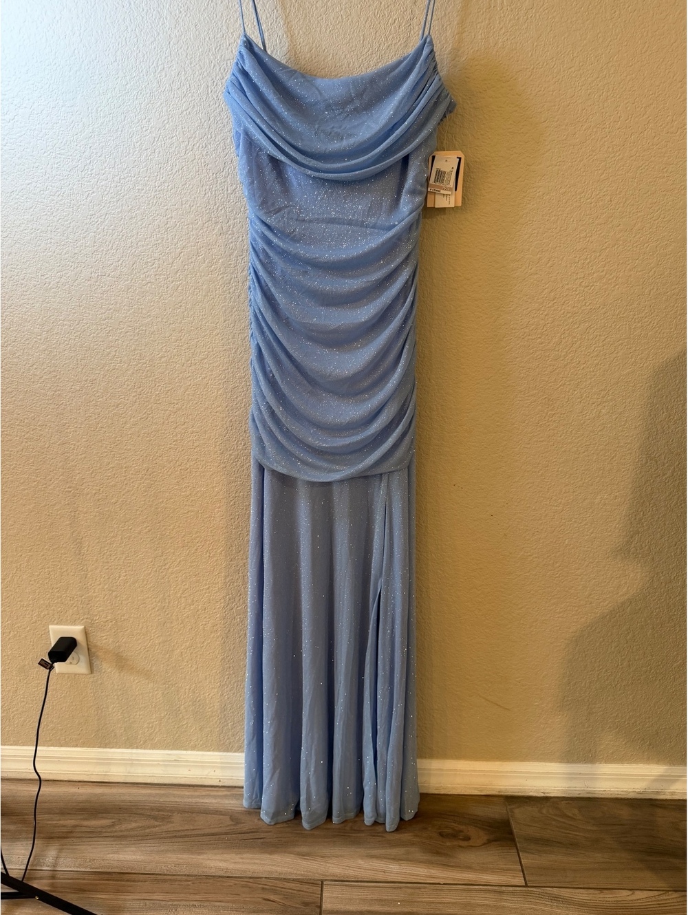 Juniors 15/16 City Studios Ruched Top High Slit Sparkle Thin Strap Gown